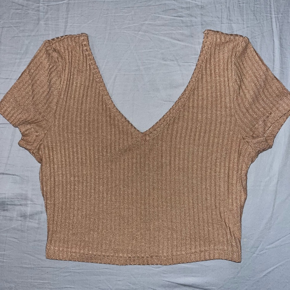 Shein | New | Gold Tan V Neck Fitted Crop Top
